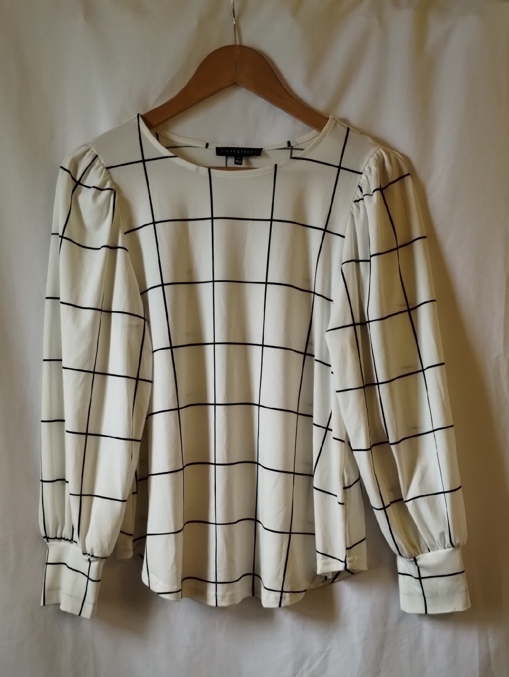 Windowpane Puff-Sleeve Blouse in White